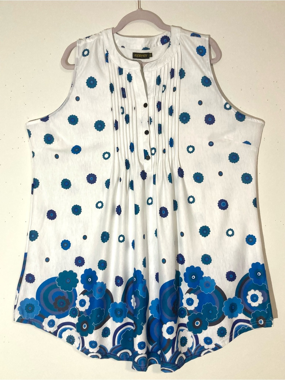 Reborn Sleeveless Blue & White Floral Shift Dress Sz 3X Beach Cover-up Nightgown